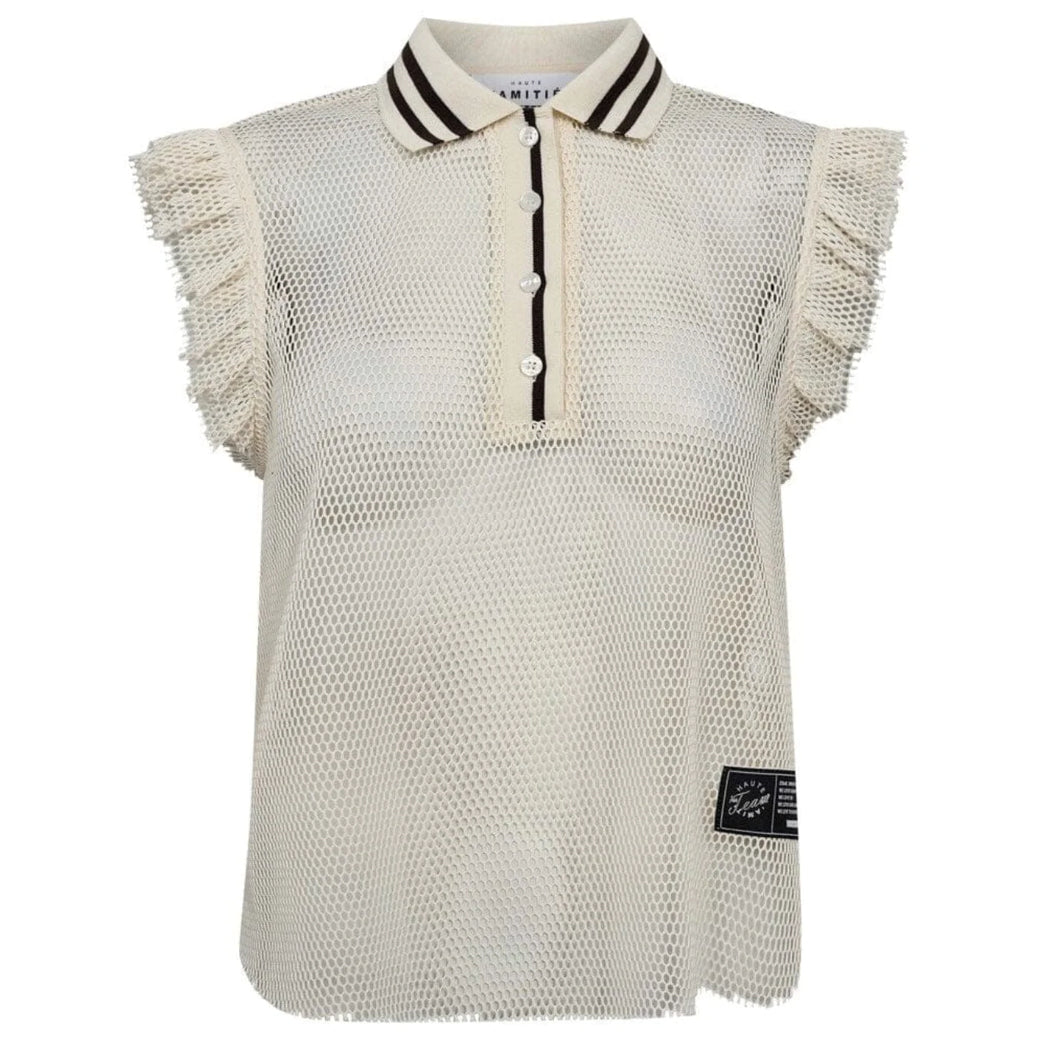 HAUTE L'AMITIE Net Frill Polo Top Off White